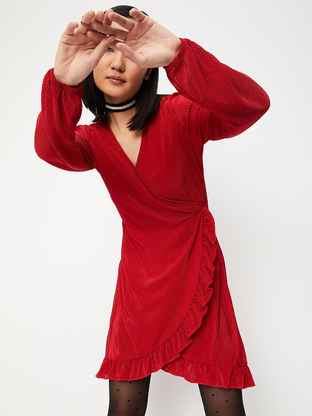 

max V-Neck Long Sleeves Wrap Dress, Red