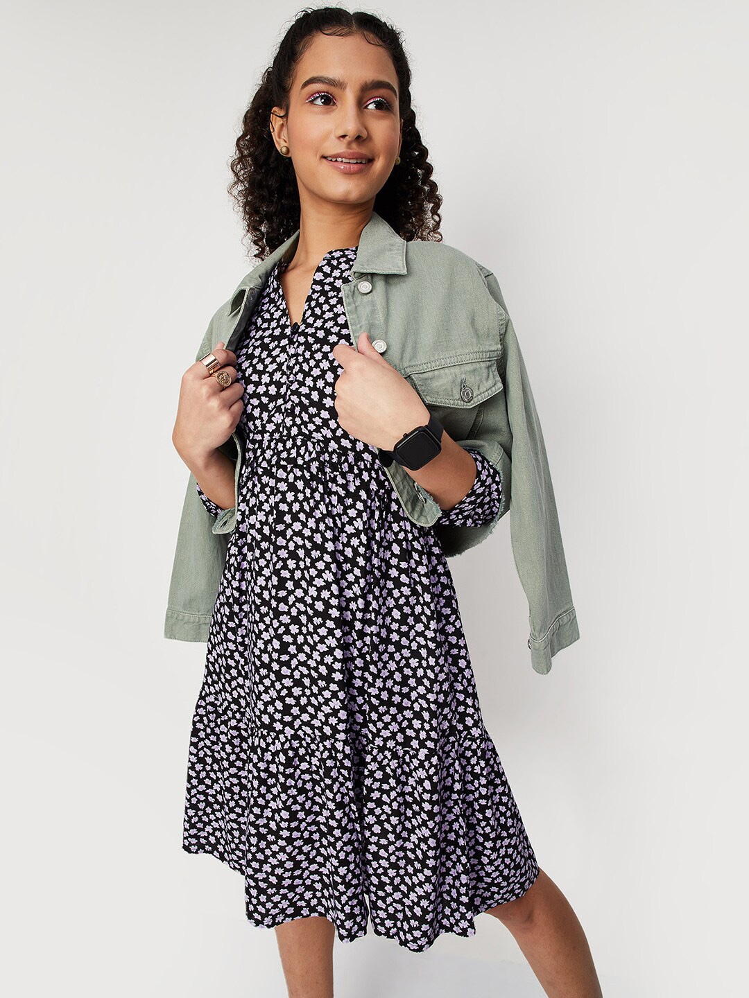 

max Floral Printed Mandarin Collar Dress, Black