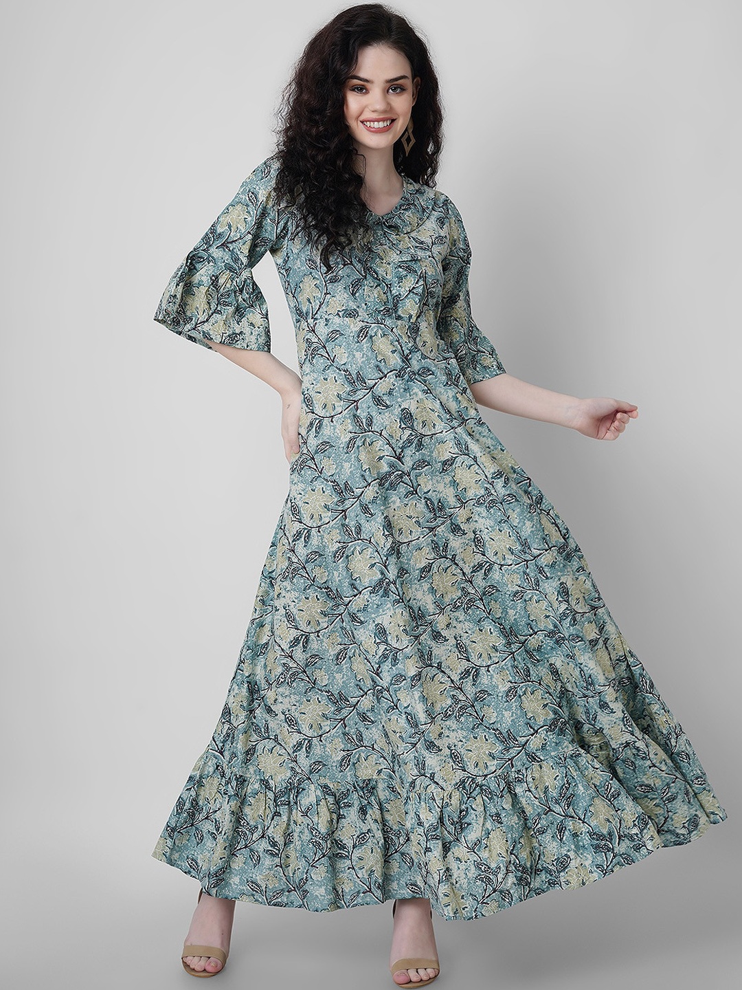 

Sanganeri Kurti Floral A-Line Maxi Dress, Teal