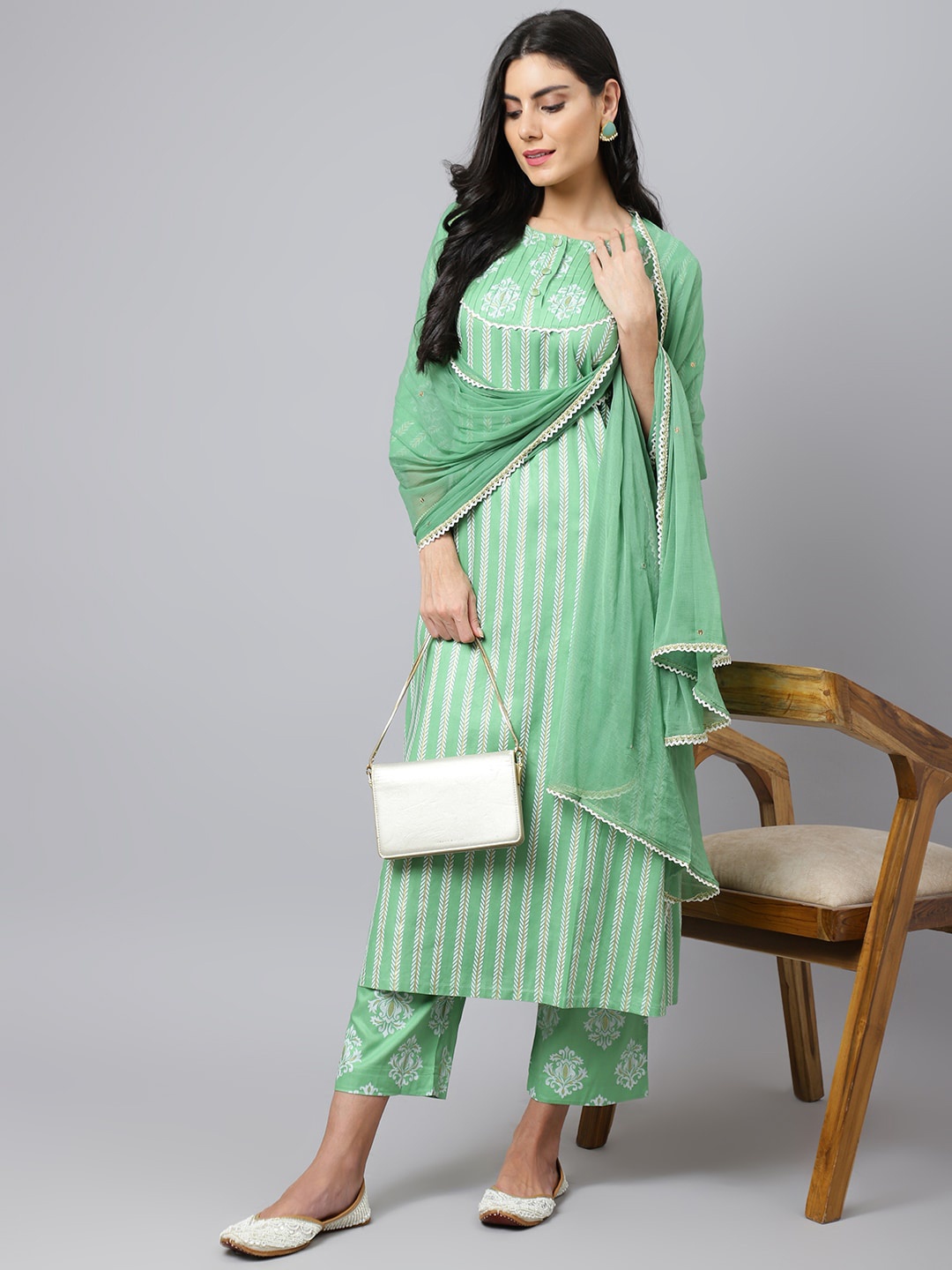 

Khushal K Ethnic Motifs Printed Kurta with Palazzos & With Dupatta, Green