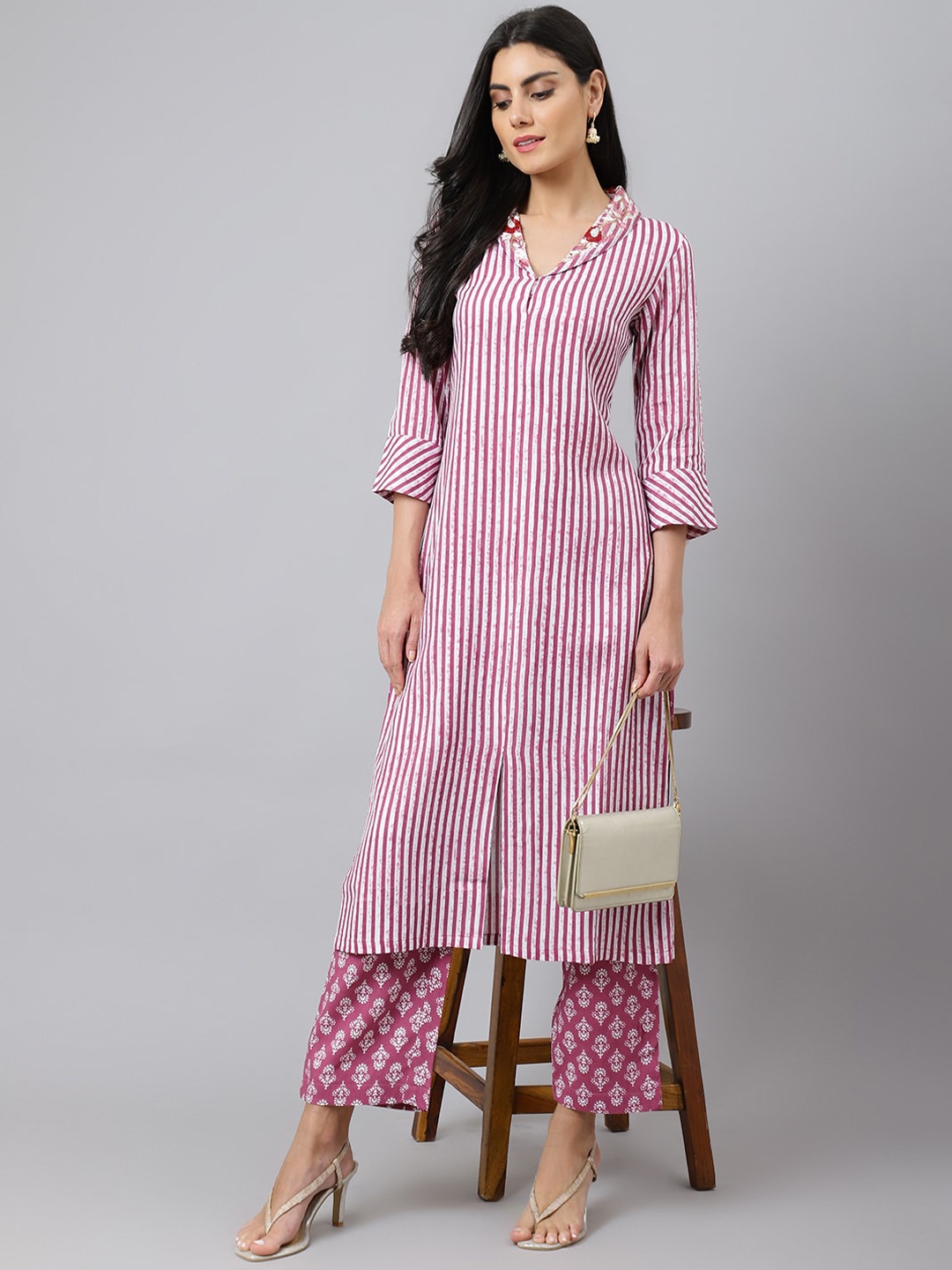 

Khushal K Striped Sequinned Kurta with Palazzos, Pink