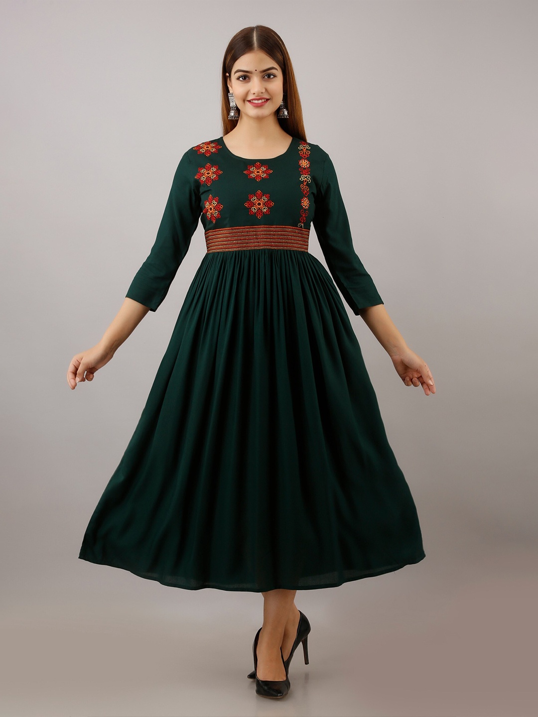 

Women Touch Floral Embroidered A-Line Maxi Dress, Green