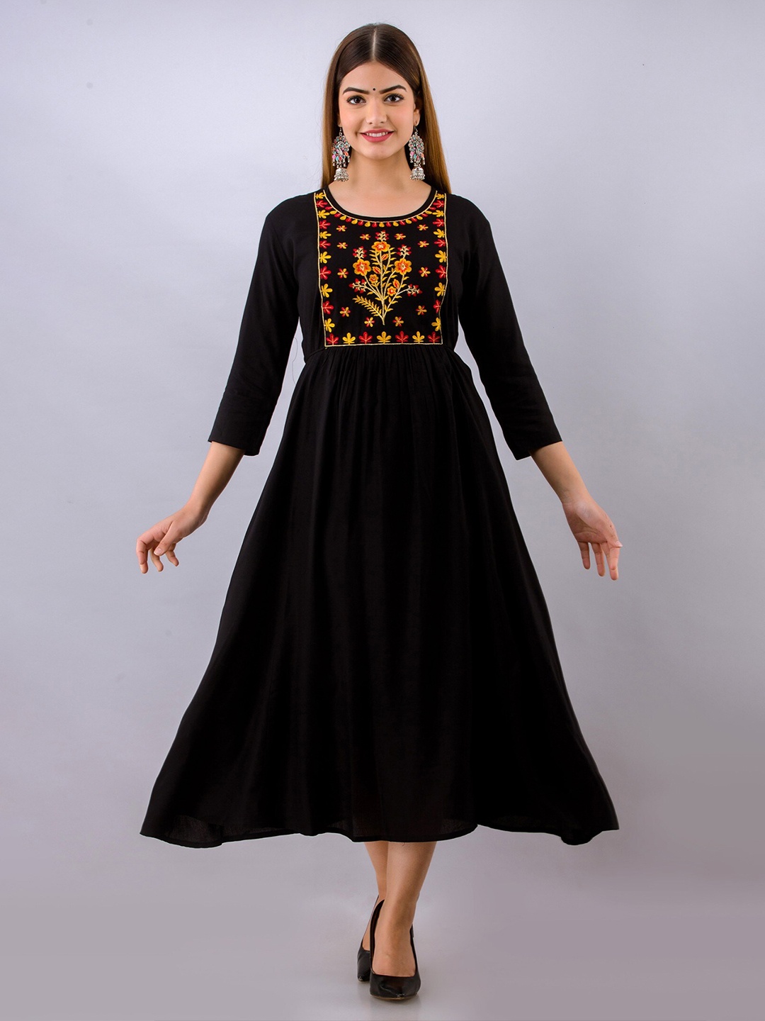 

Women Touch Floral Embroidered A-Line Midi Dress, Black