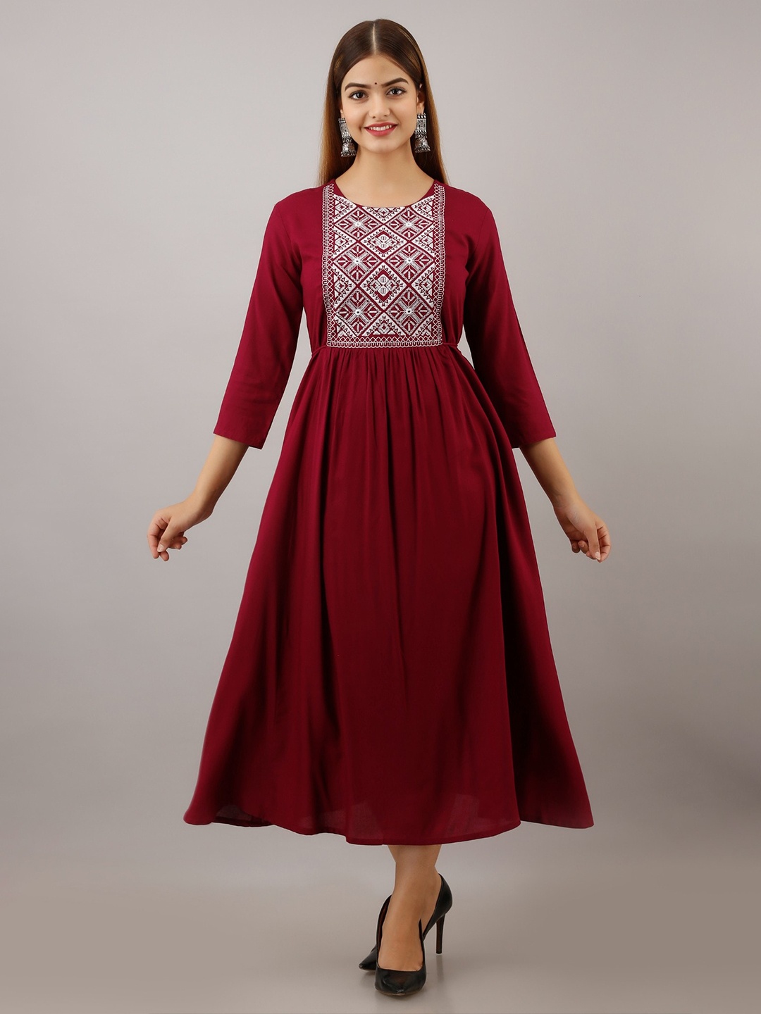 

Women Touch Floral Embroidered Midi Dress, Maroon