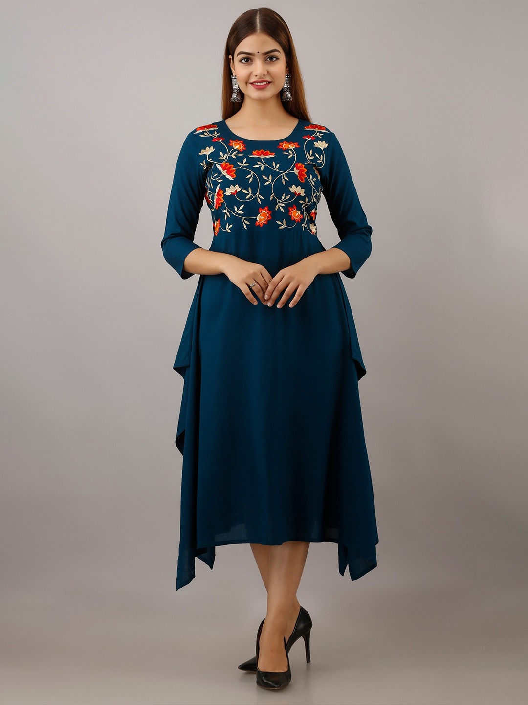 

Women Touch Floral Embroidered Midi Dress, Blue