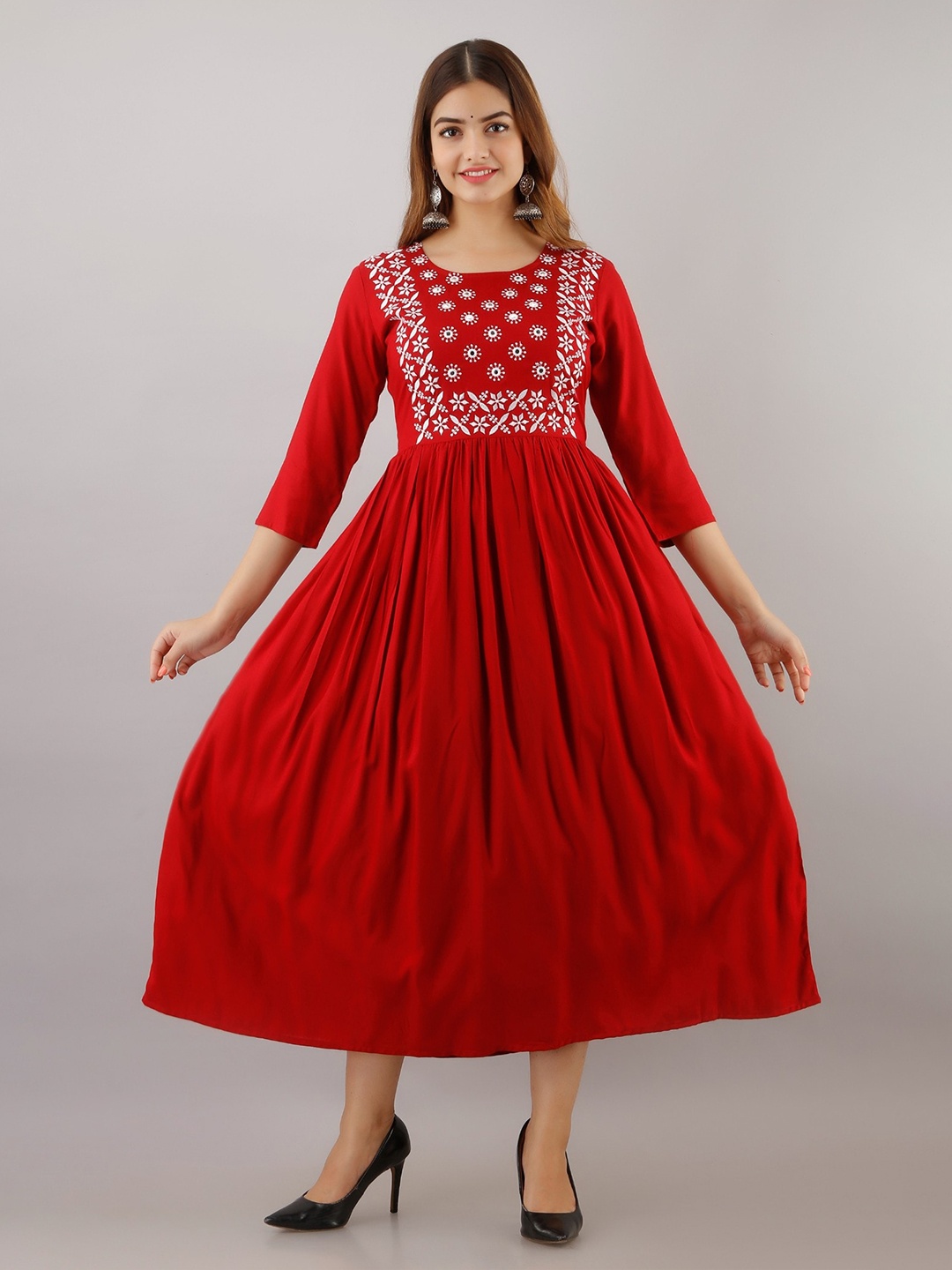 

Women Touch Floral Embroidered Maxi Dress, Red