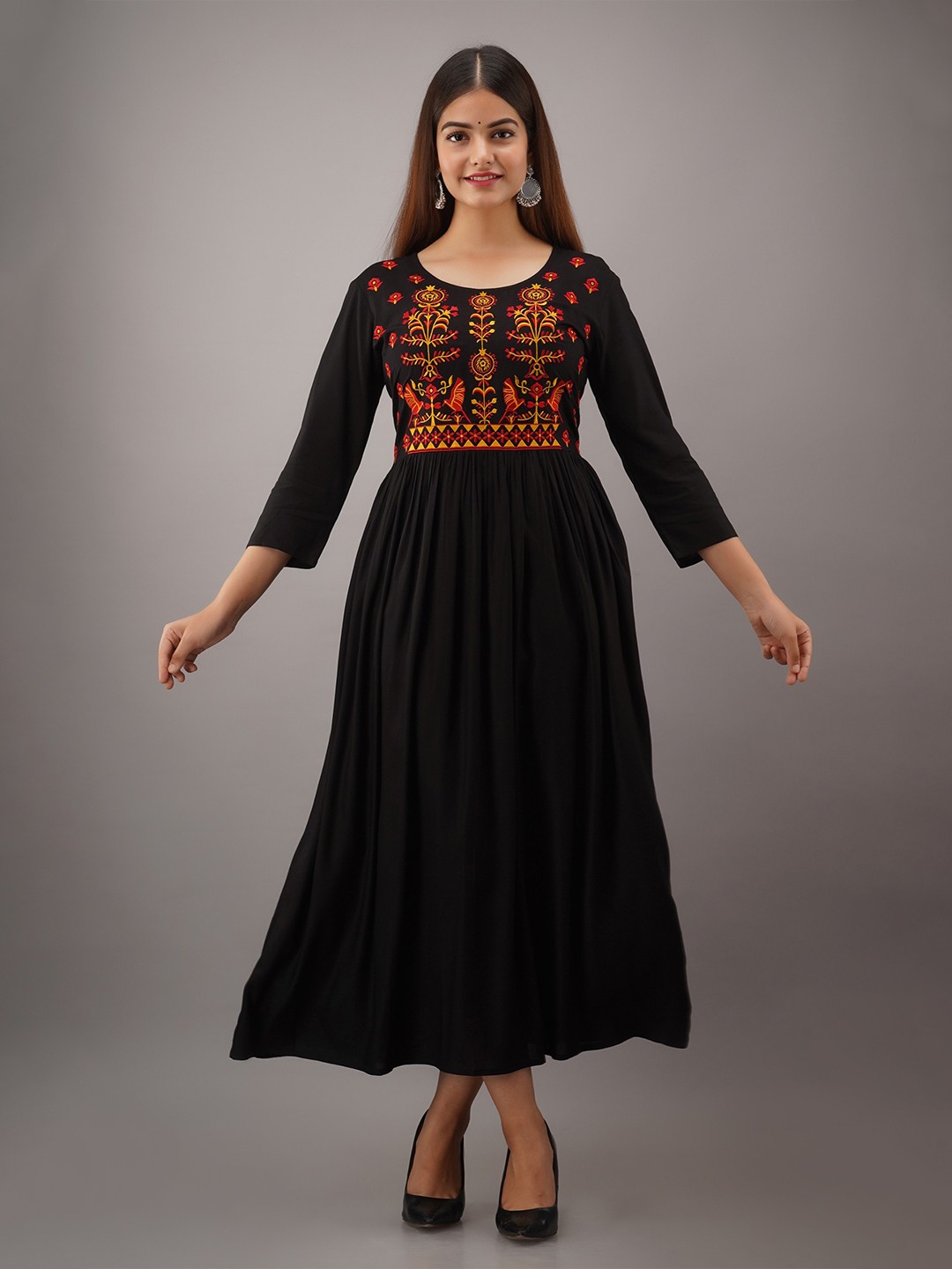

Women Touch Floral Embroidered Maxi Dress, Black