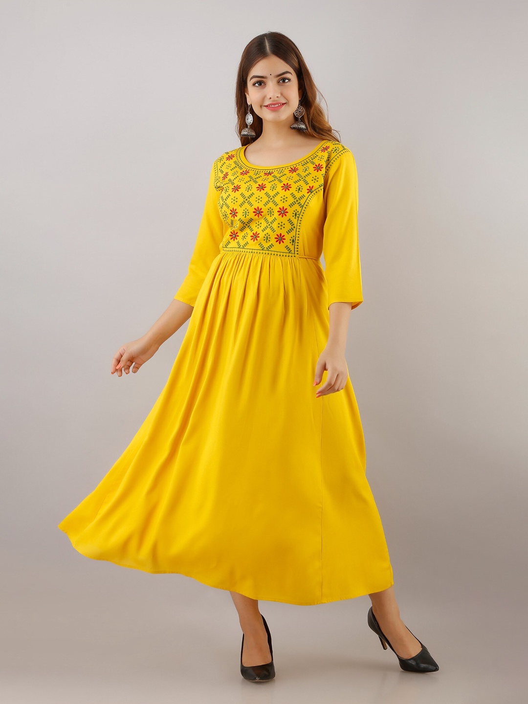 

Women Touch Floral Embroidered Maxi Dress, Yellow