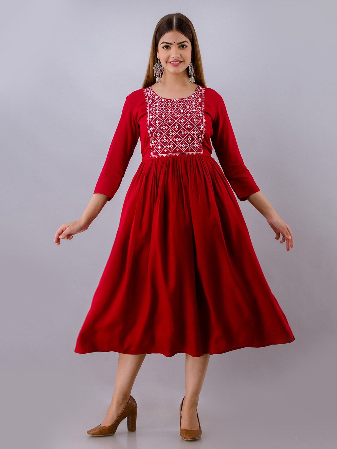 

Women Touch Floral Embroidered Midi Dress, Maroon