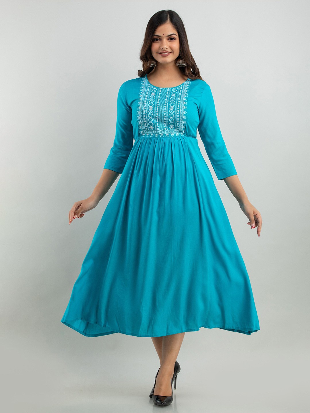

Women Touch Ethnic Motifs Embroidered Formal Midi Dress, Turquoise blue
