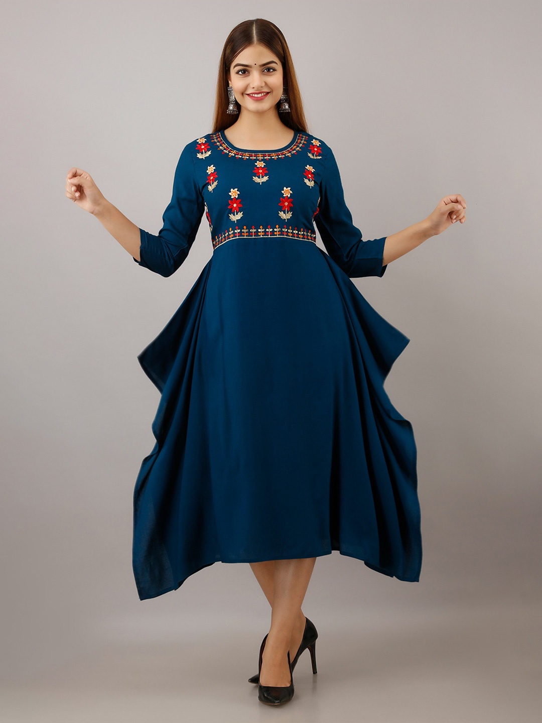 

Women Touch Floral Embroidered Midi Dress, Blue
