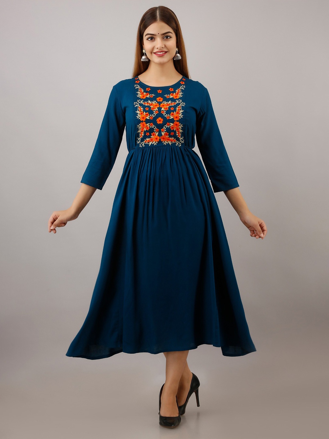 

Women Touch Floral Embroidered Maxi Dress, Blue