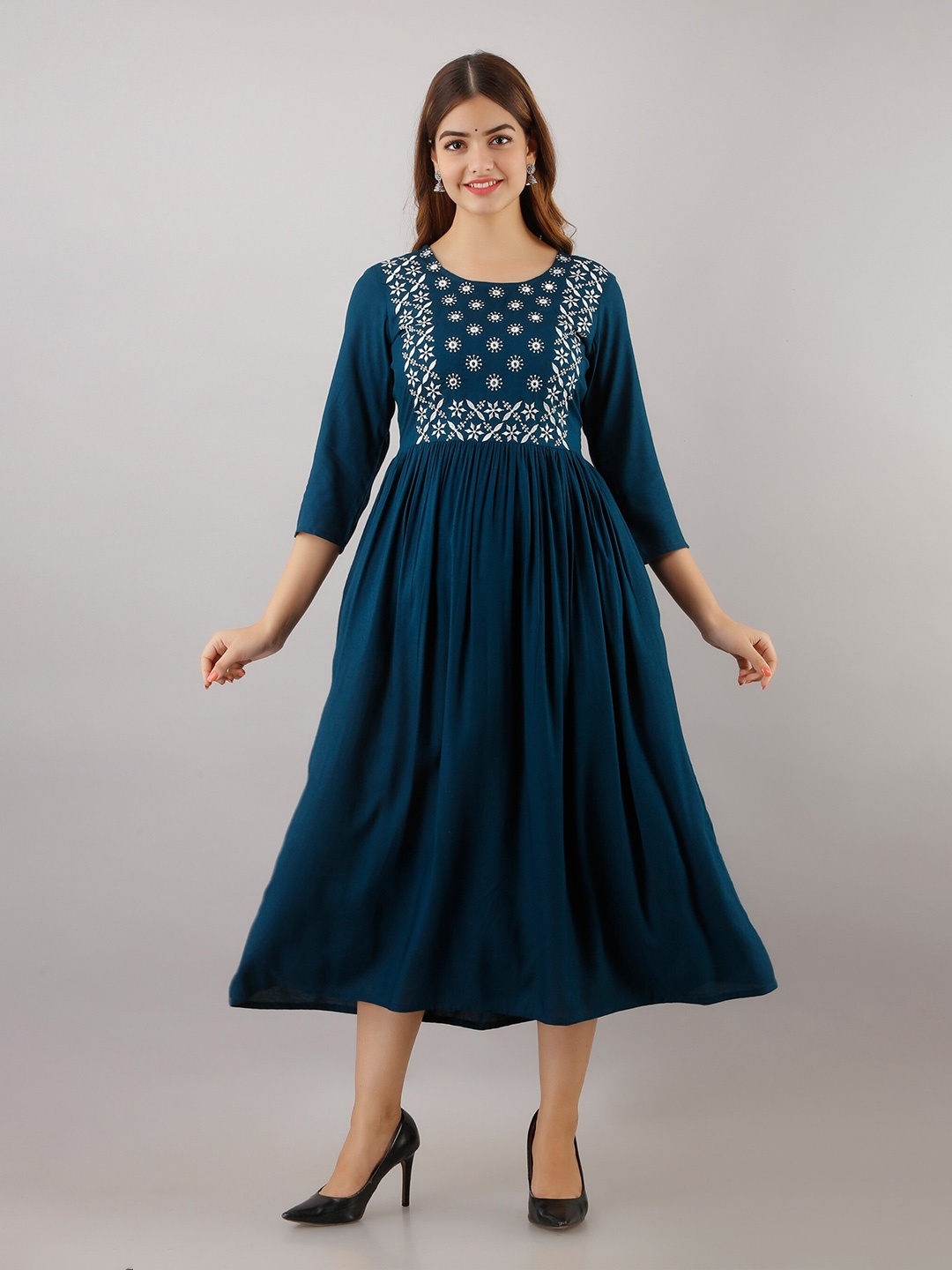 

Women Touch Ethnic Motifs Embroidered Midi Dress, Teal