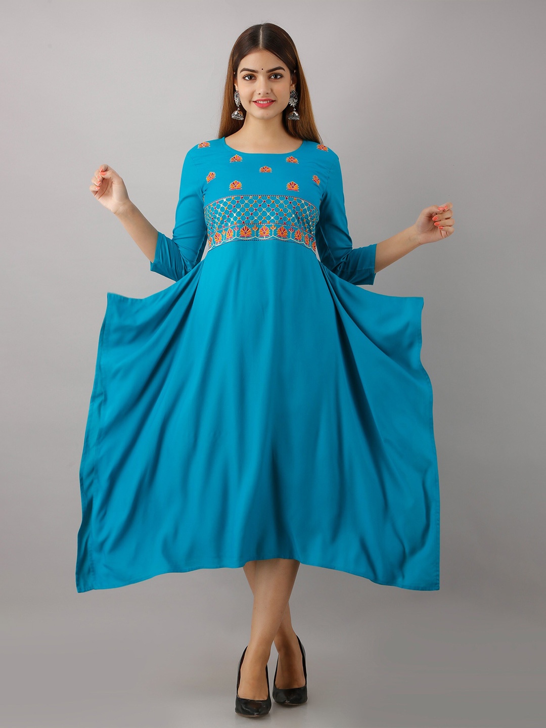 

Women Touch Ethnic Motifs Embroidered A-Line Midi Dress, Turquoise blue