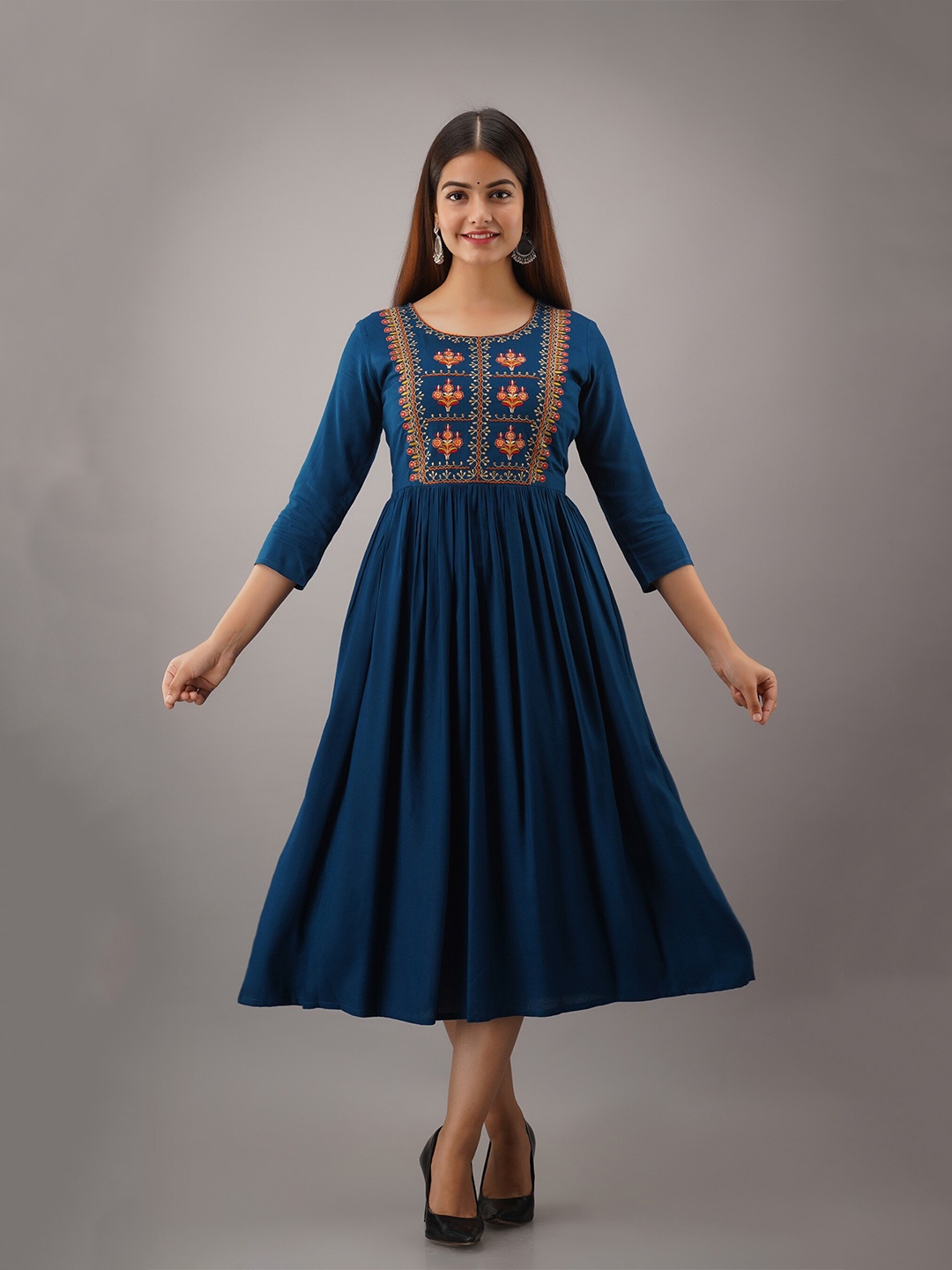 

Women Touch Ethnic Motifs Embroidered Midi Dress, Blue