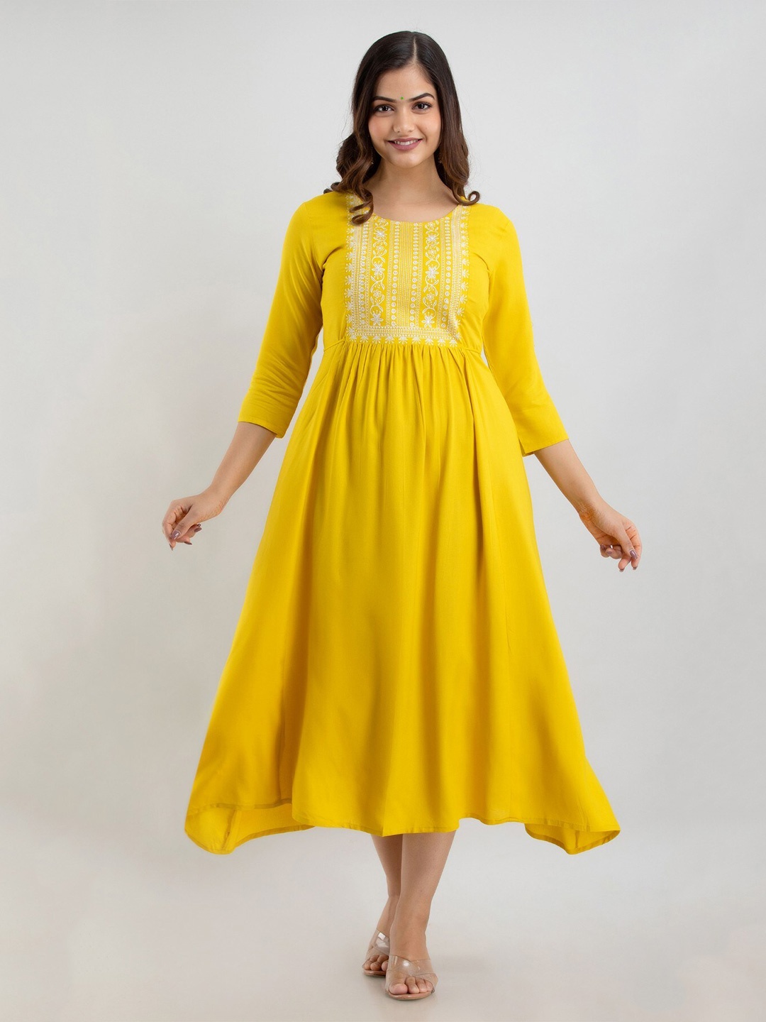 

Women Touch Ethnic Motifs Embroidered Midi Dress, Yellow