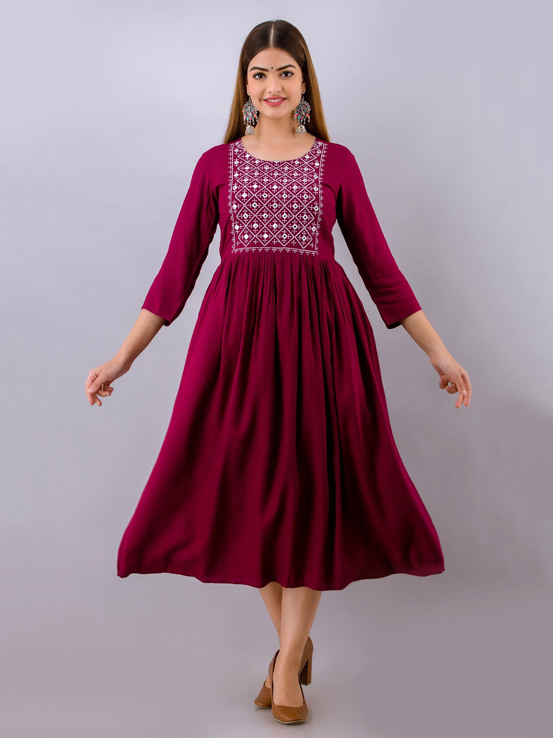 

Women Touch Ethnic Motifs Embroidered Midi Dress, Maroon