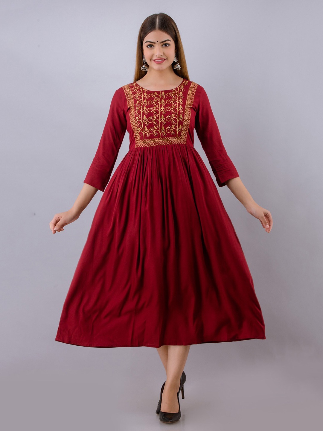 

Women Touch Ethnic Motifs Embroidered Midi Dress, Red