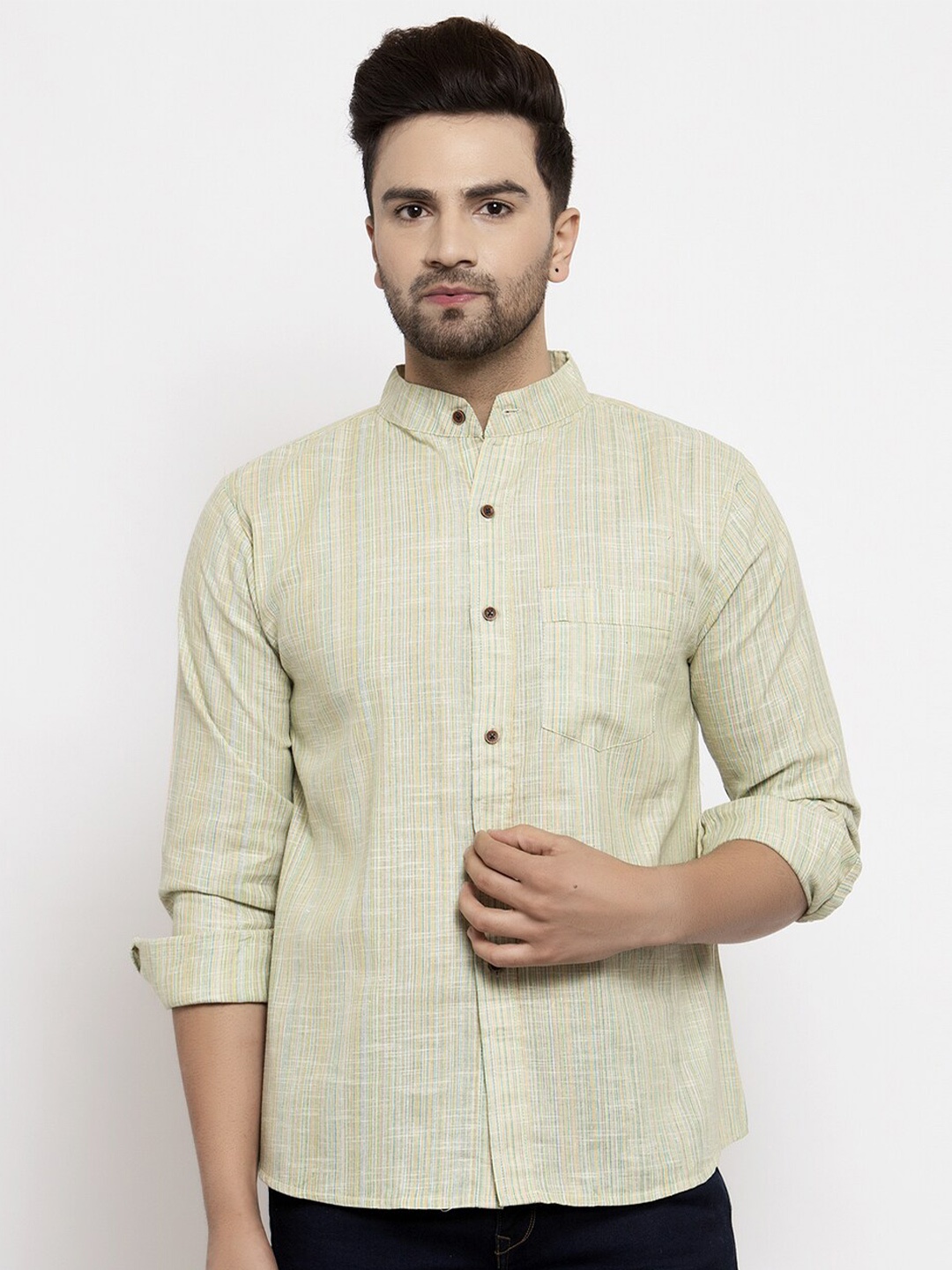 

Enchanted Drapes Men Slim Fit Striped Casual Pure Cotton Shirt, Yellow