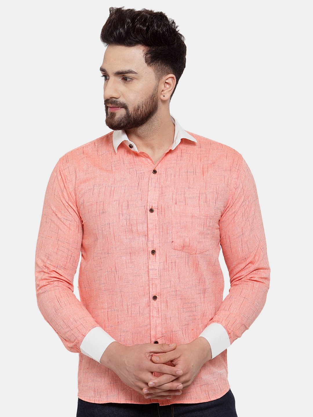 

Enchanted Drapes Men Slim Fit Printed Casual Pure Cotton Shirt, Orange