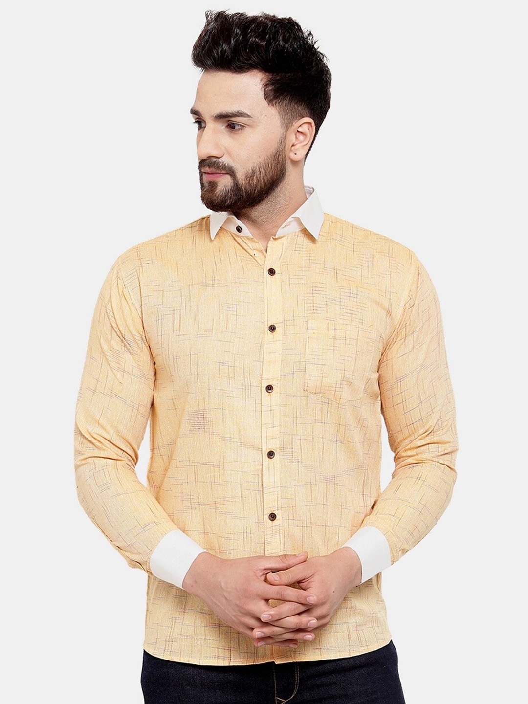 

Enchanted Drapes Men Slim Fit Printed Casual Pure Cotton Shirt, Yellow