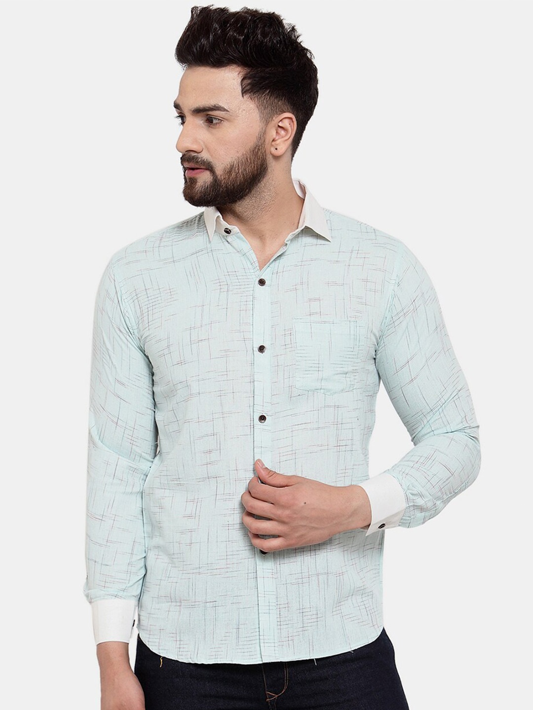 

Enchanted Drapes Men Slim Fit Printed Casual Pure Cotton Shirt, Blue