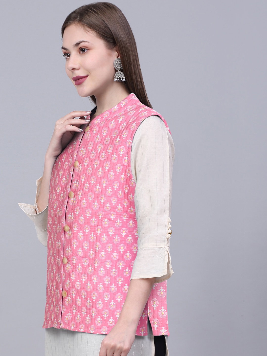 

KALINI Women Floral Printed Pure Cotton Nehru Jacket, Pink