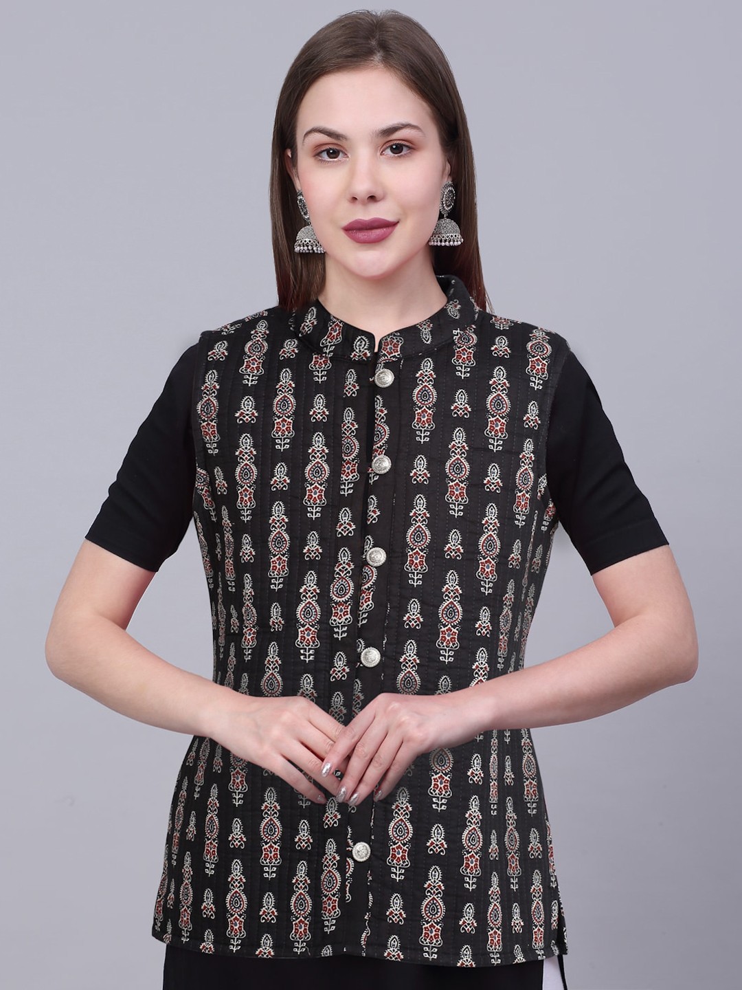 

KALINI Women Floral Printed Pure Cotton Nehru Jacket, Black