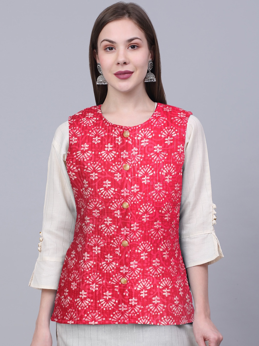 

KALINI Women Floral Printed Pure Cotton Nehru Jacket, Red
