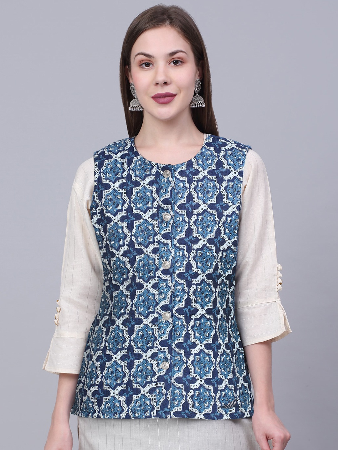 

KALINI Women Geometric Printed Pure Cotton Nehru Cotton, Blue
