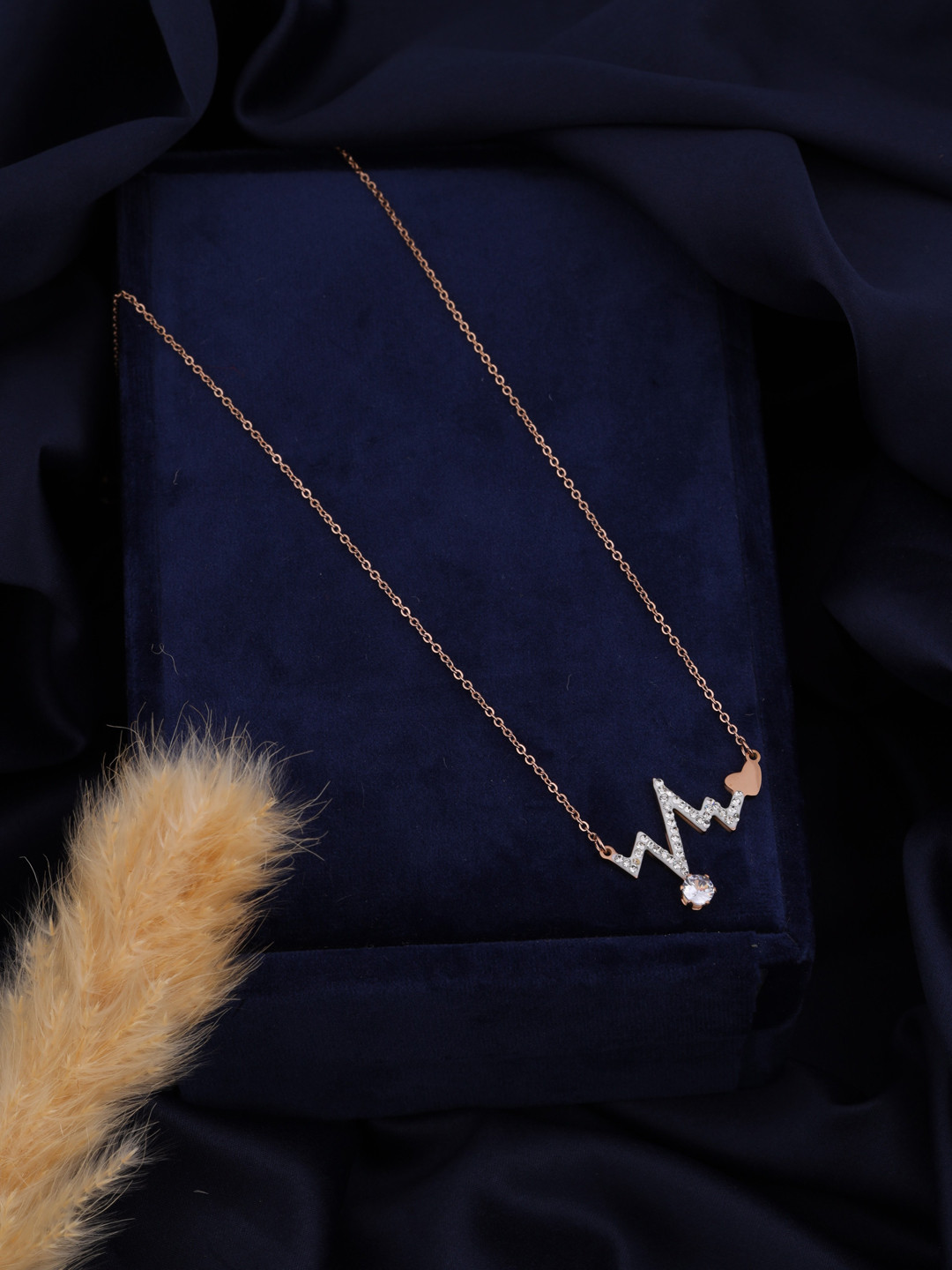 

Brado Jewellery Rose Gold-Plated AD Stone-Studded Heartbeat Pendant with Link Chain