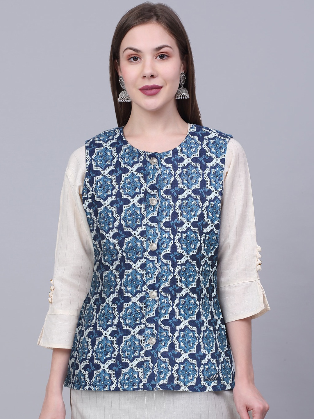 

Assamica Women Geometric Printed Pure Cotton Nehru Jacket, Blue