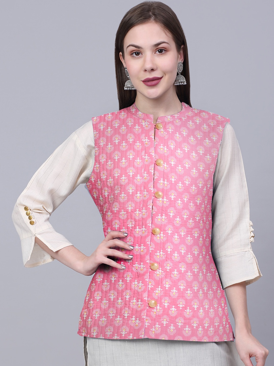 

Assamica Women Pink Floral Printed Pure Cotton Nehru Jacket
