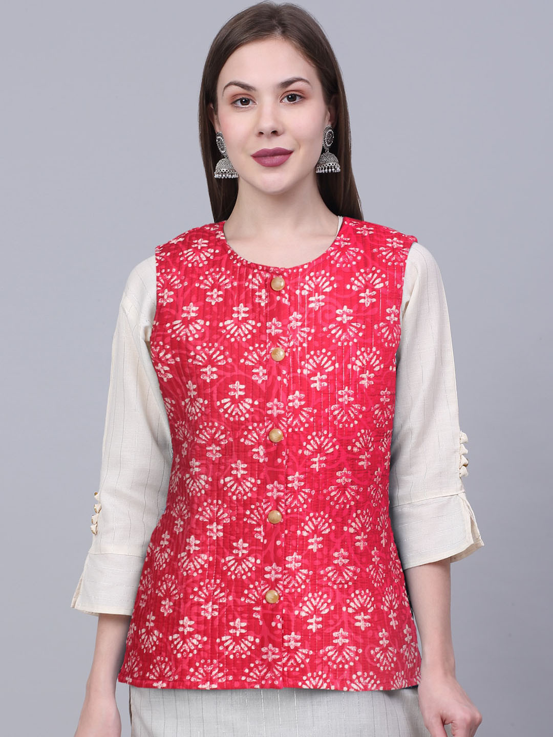 

Assamica Women Floral Printed Pure Cotton Nehru Jacket, Red