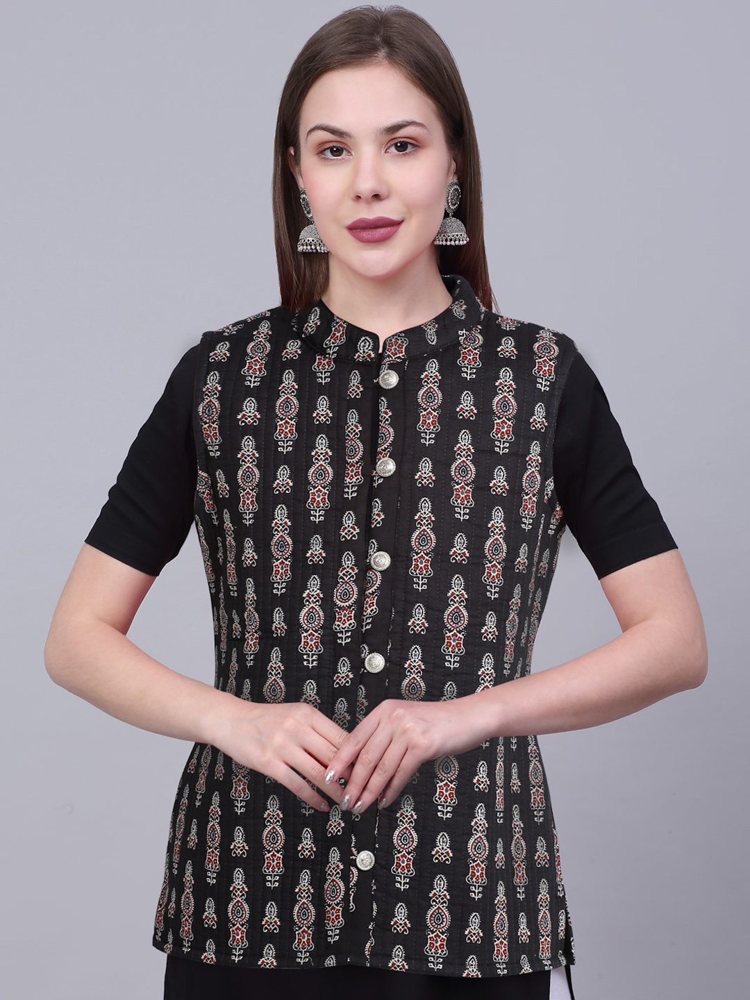 

Assamica Women Printed Pure Cotton Nehru Jacket, Black