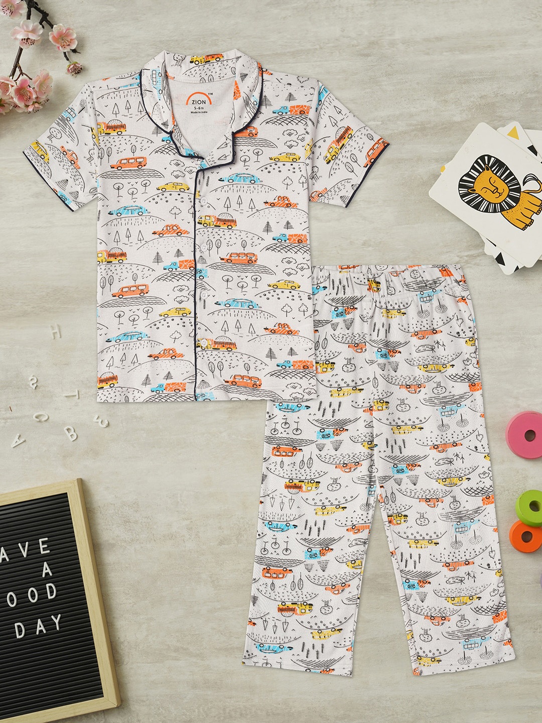 

ZION Boys Printed Pure Cotton Night suit, White