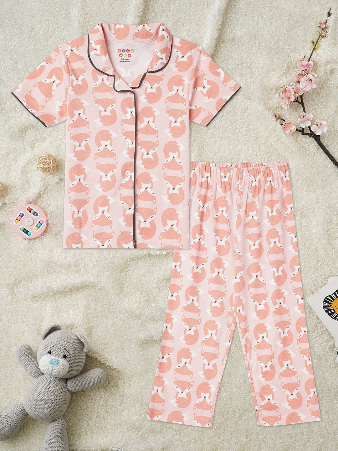 

ZION Girls Printed Pure Cotton Night suit, Peach