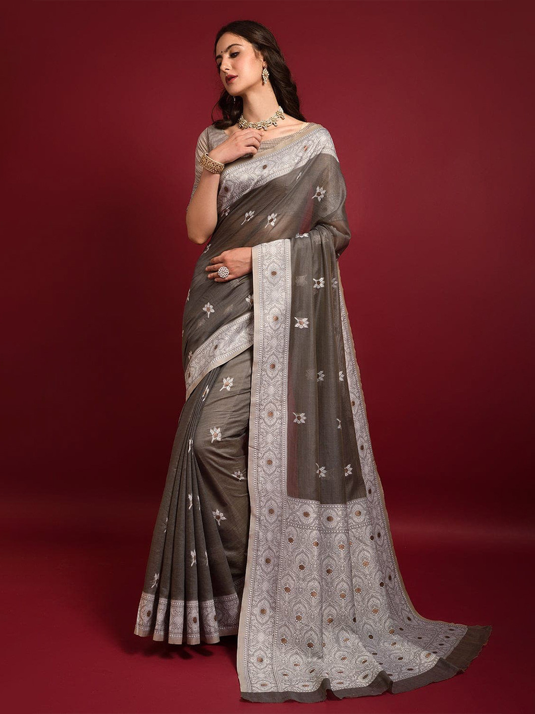

ESTELA Woven Design Zari Art Silk Banarasi Saree, Brown