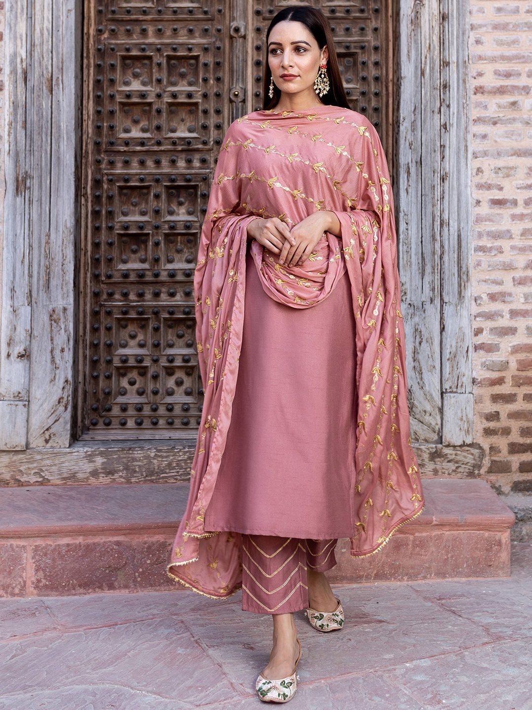 

EMPRESS PITARA Kurta with Trousers & With Dupatta, Peach