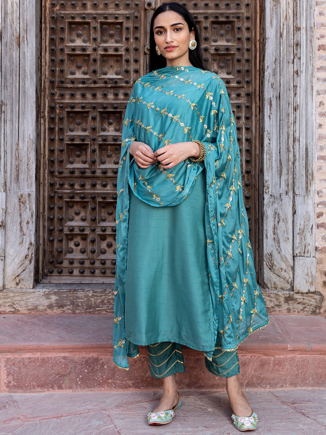 

EMPRESS PITARA Kurta with Trousers & With Dupatta, Sea green