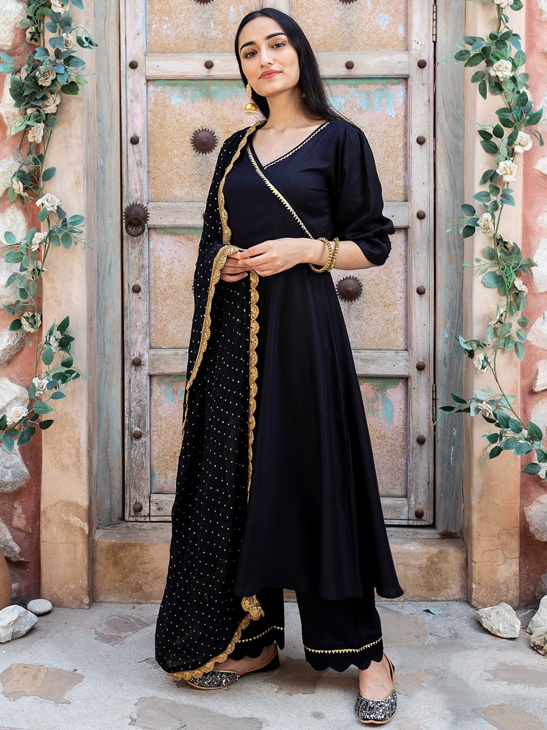 

EMPRESS PITARA Angrakha Kurta with Palazzos & With Dupatta, Black