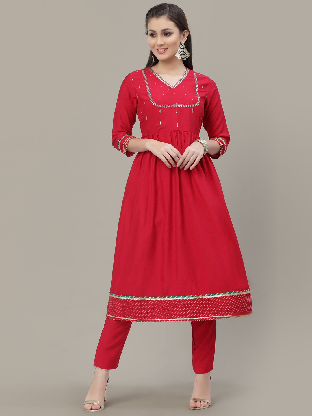 

Chhabra 555 Embroidered Empire Chanderi Silk Kurta with Trousers & Dupatta, Red