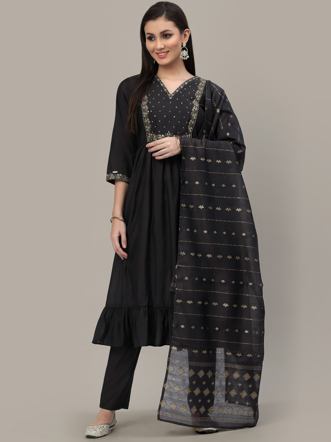 

Chhabra 555 Floral Embroidered Chanderi Silk Kurta with Trousers & Dupatta, Black