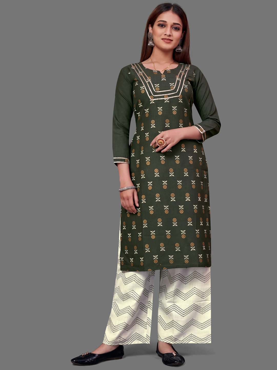

Happy Design Women Ethnic Motifs Printed Kurta With Palazzos, Olive