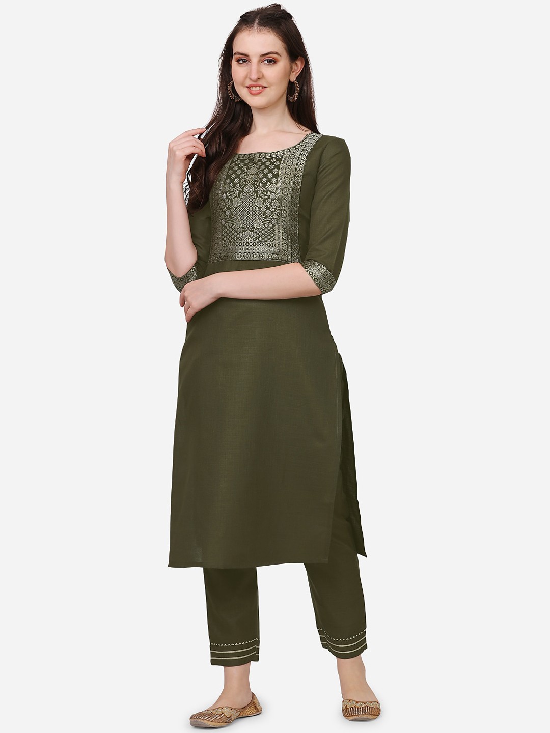 

Happy Design Women Floral Yoke Design Pure Cotton Kurta With Trousers, Olive