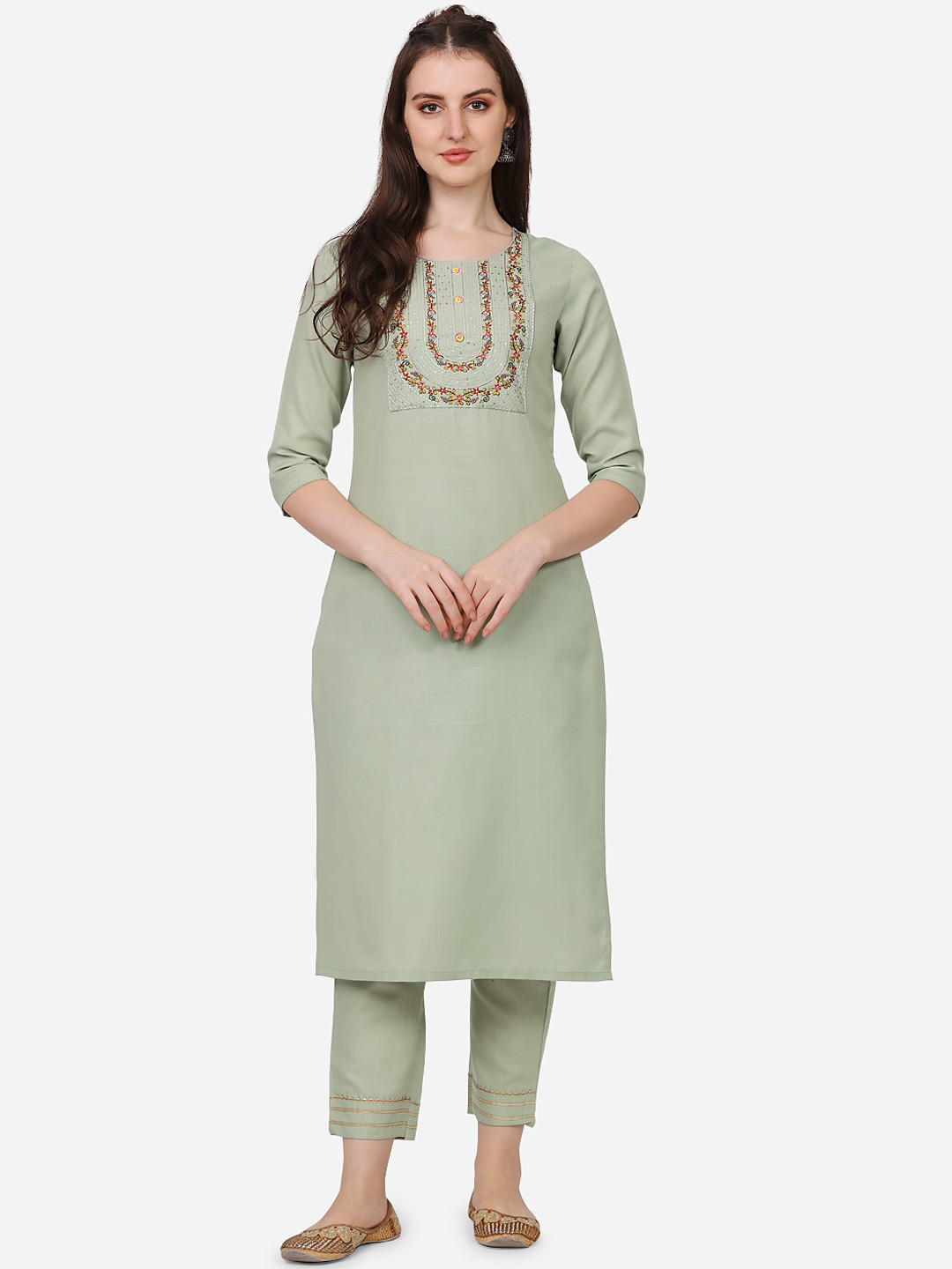 

Happy Design Women Floral Embroidered Sequinned Kurta With Trousers, Sea green