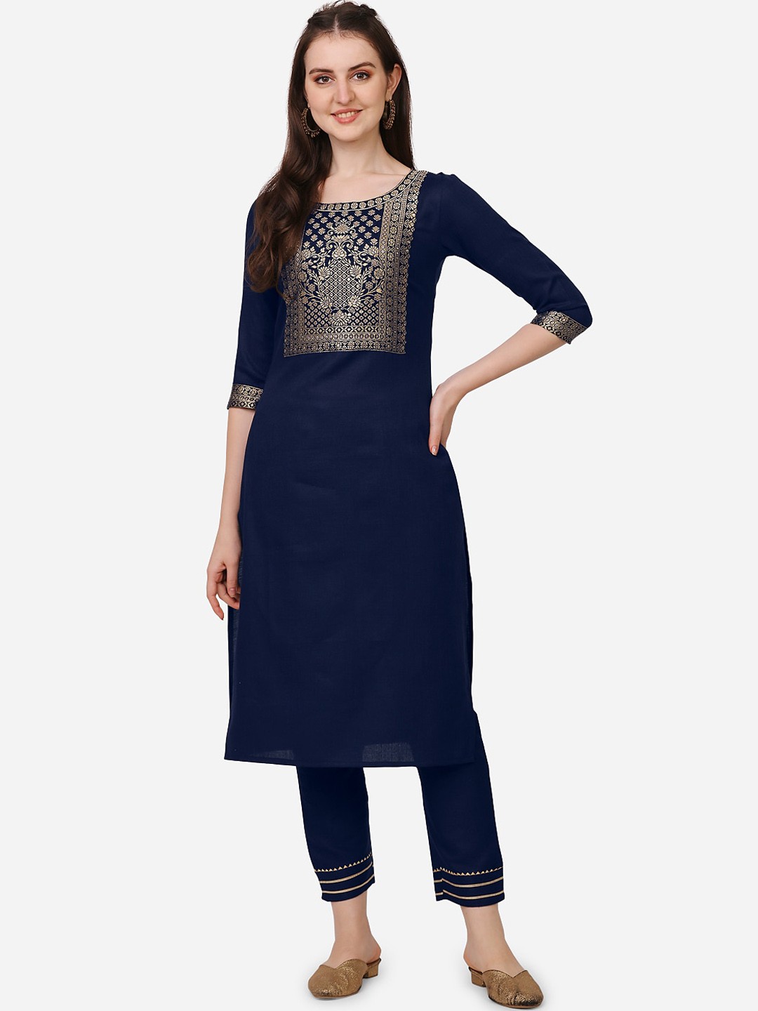 

Happy Design Women Floral Yoke Design Kurta With Trousers, Navy blue