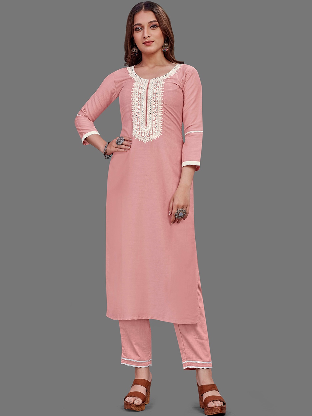 

Happy Design Women Floral Embroidered Mirror Work Kura With Trousers, Pink