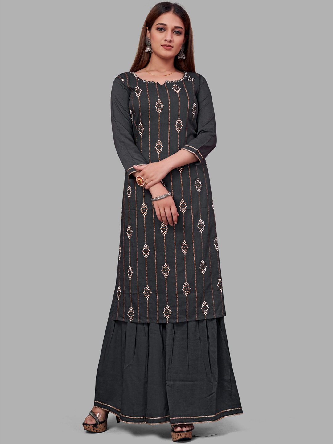 

Happy Design Women Floral Printed Gotta Patti Kurta With Sharara, Grey