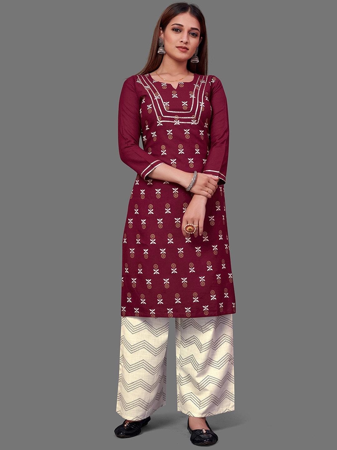 

Happy Design Women Floral Printed Gotta Patti Kurta With Palazzos, Maroon